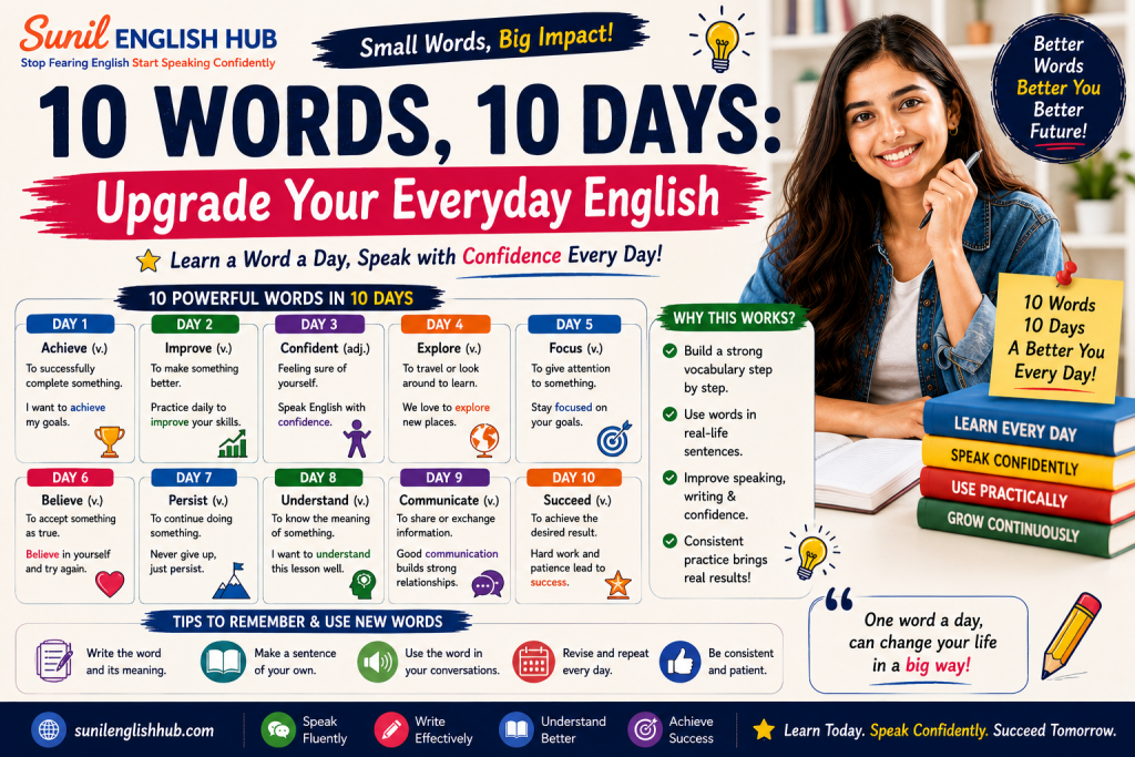 Educational infographic teaching 10 powerful English words in 10 days with vocabulary meanings, examples, and speaking confidence tips