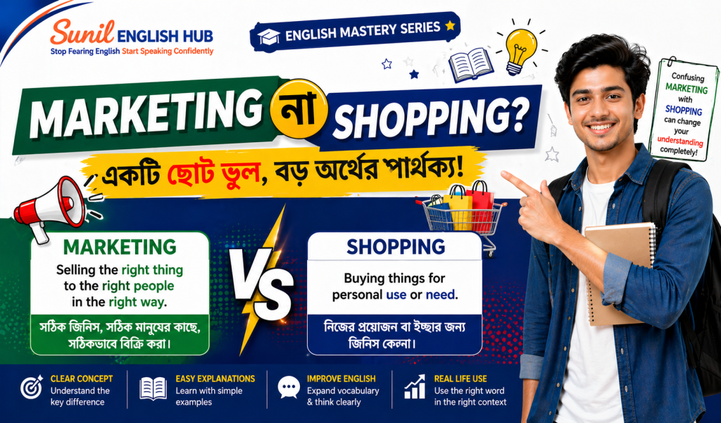 Educational thumbnail explaining the difference between marketing and shopping with examples for Bengali English learners