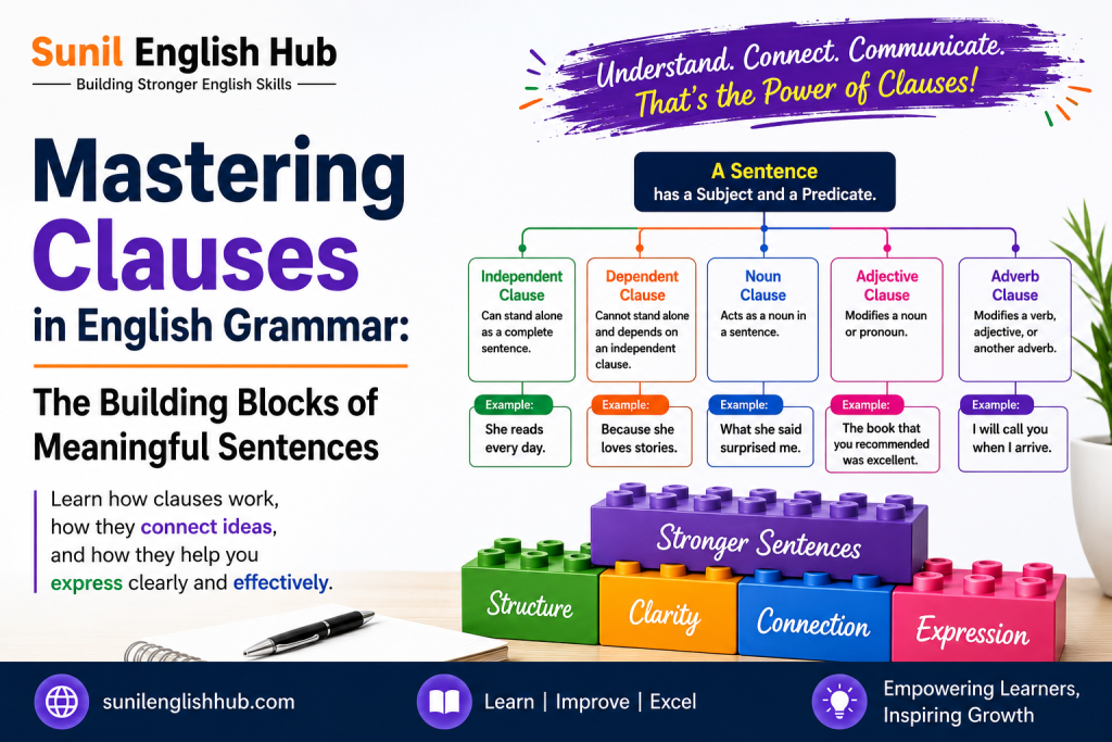 Featured image for “Mastering Clauses in English Grammar” showing types of clauses, sentence structure diagrams, and colorful learning blocks for English learners.