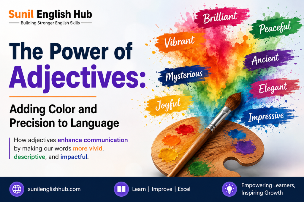 Colorful featured image for “The Power of Adjectives” article showing descriptive words, paint splashes, and creative language visuals for English learners.