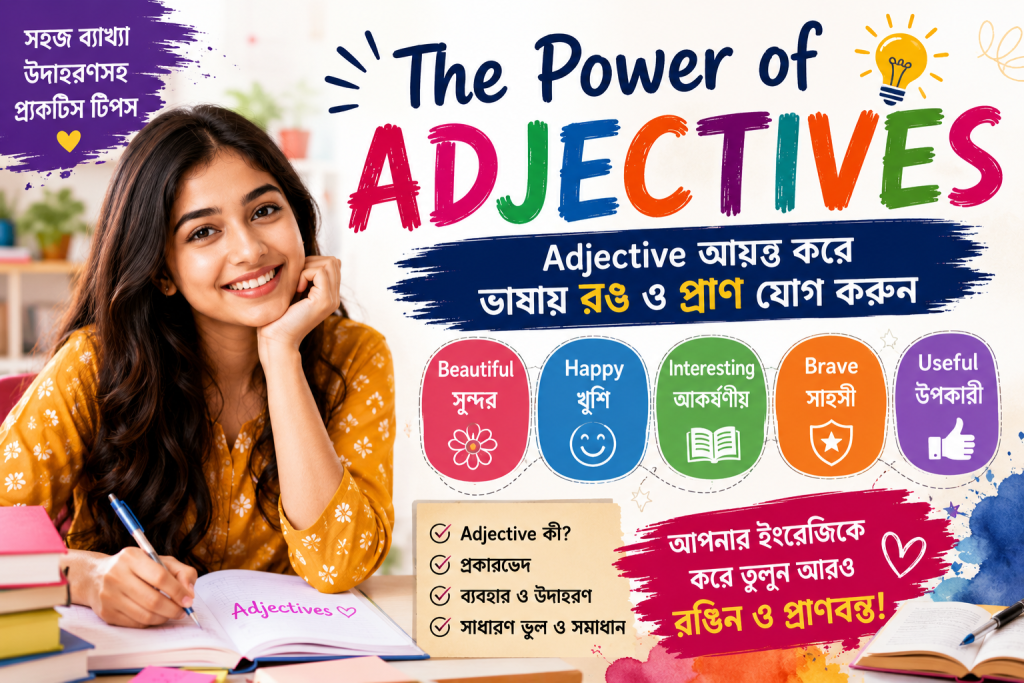 Educational thumbnail about adjectives in English grammar showing how descriptive words make sentences more colourful and expressive