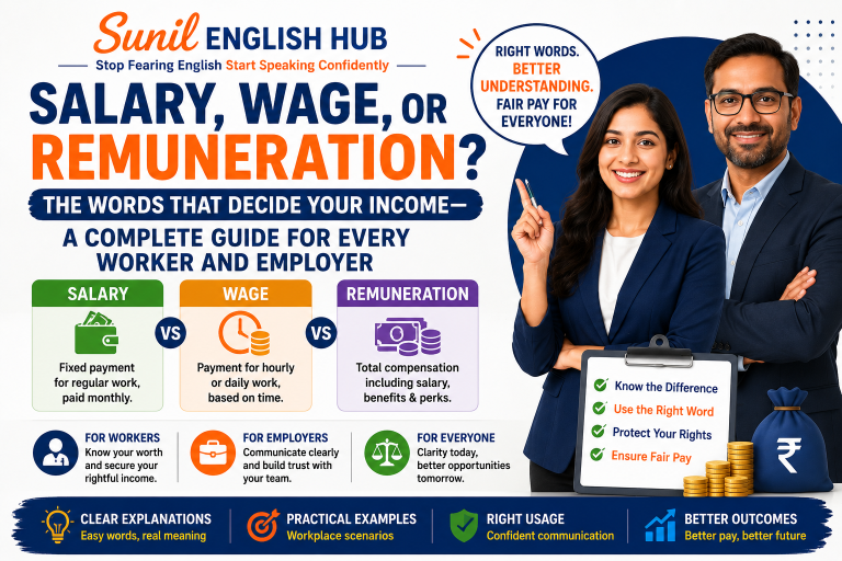 Featured image explaining the differences between salary, wage, and remuneration with workplace examples and Sunil English Hub branding.