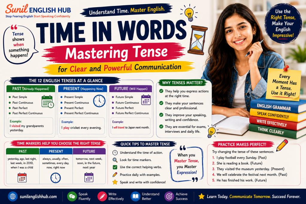 Educational infographic explaining English tenses with examples, tense rules, and beginner-friendly grammar guidance for clear communication