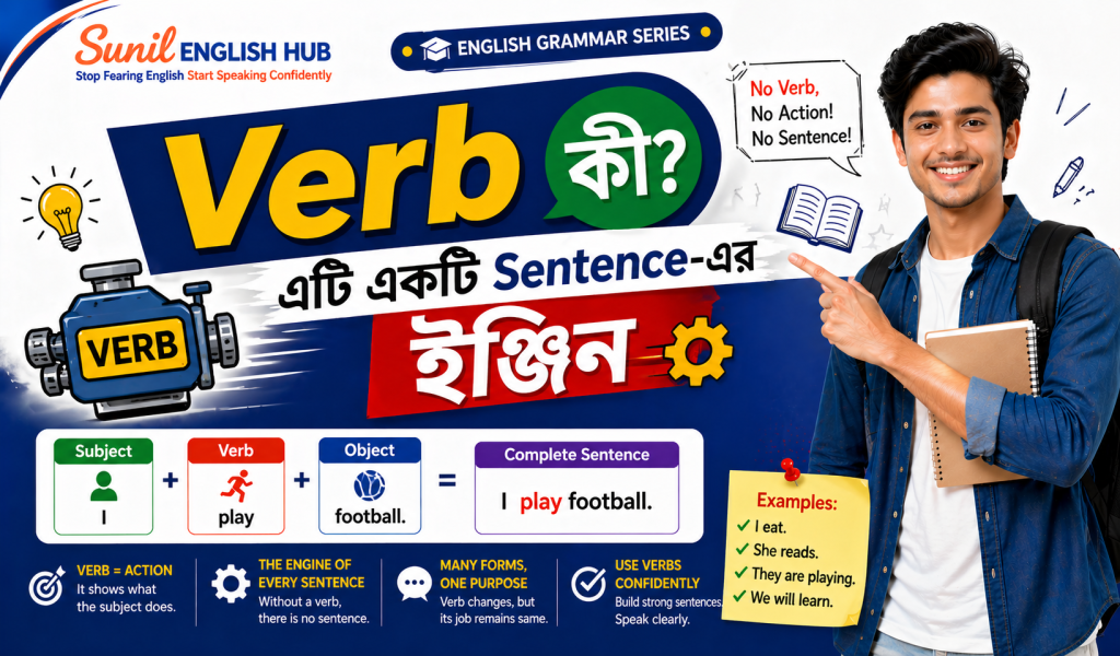 Verb grammar lesson infographic for beginners with sentence examples and action verb explanations