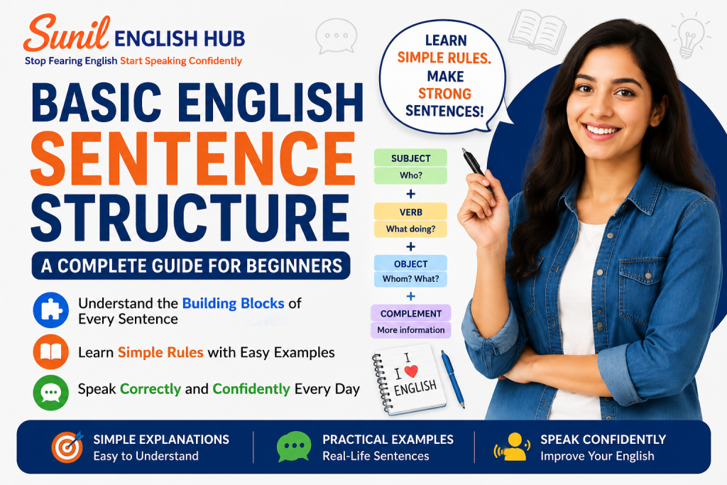 Featured image for Basic English Sentence Structure guide showing sentence parts, grammar examples, and Sunil English Hub branding for beginner English learners.