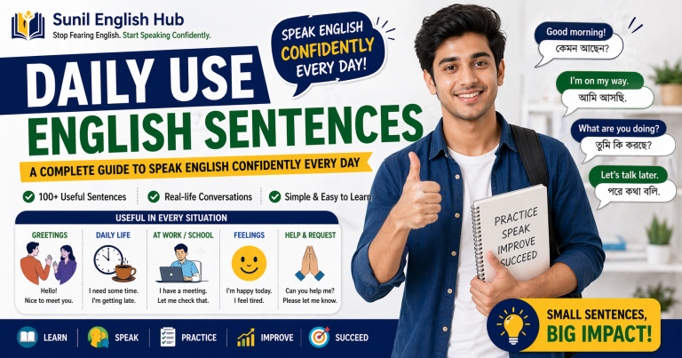 Educational thumbnail for daily use English sentences featuring common speaking phrases, real-life conversation examples, and practical spoken English tips for beginners
