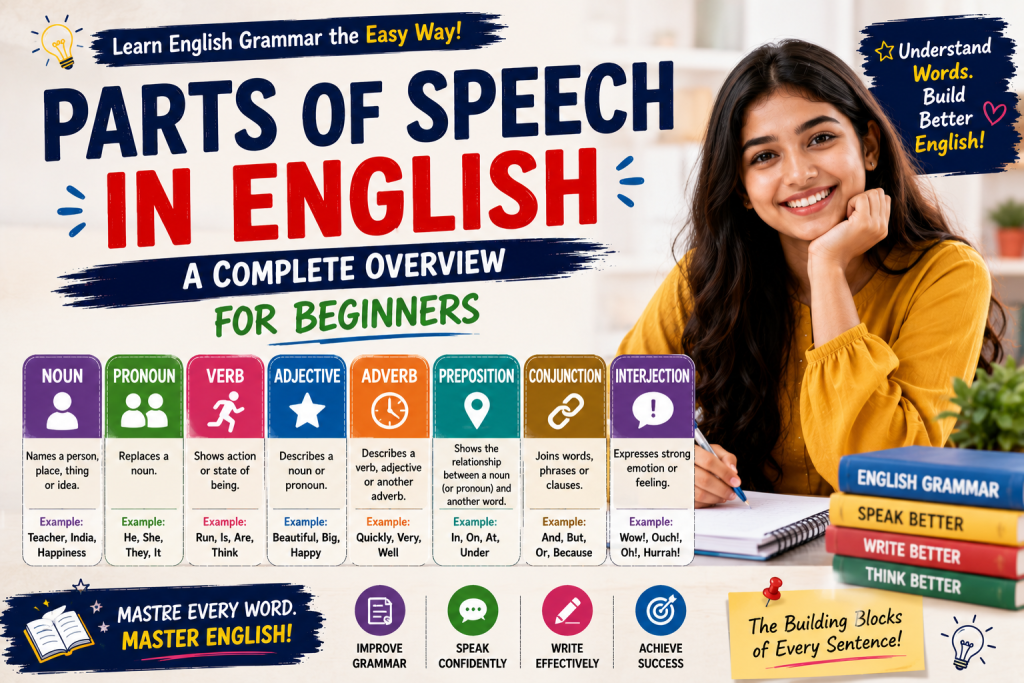 Educational infographic explaining the parts of speech in English with beginner-friendly grammar examples and colourful visual categories