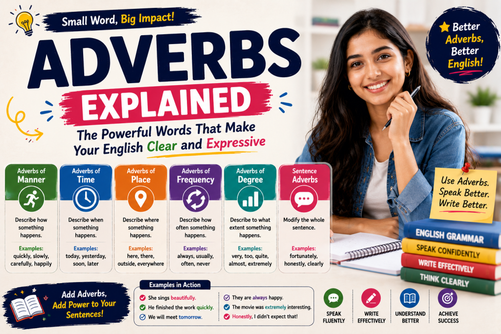 Educational infographic explaining adverbs in English grammar with examples of manner, time, place, frequency, and degree adverbs