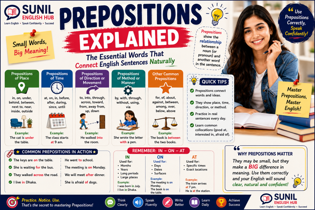 Educational infographic explaining prepositions in English grammar with examples of place, time, direction, and method prepositions