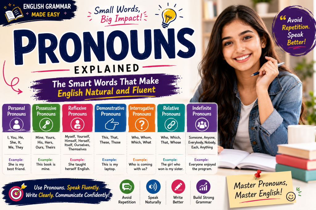 Educational infographic explaining pronouns in English grammar with examples of personal, possessive, reflexive, and relative pronouns