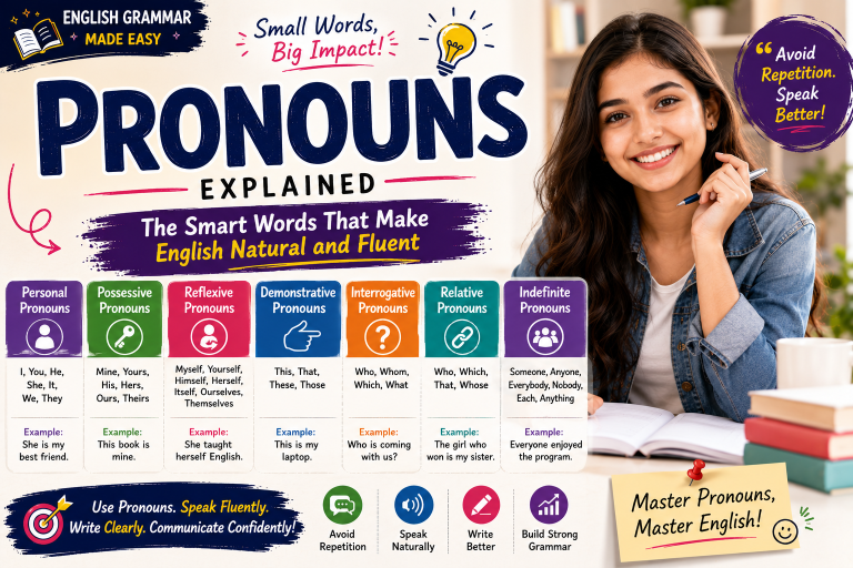 Educational infographic explaining pronouns in English grammar with examples of personal, possessive, reflexive, and relative pronouns
