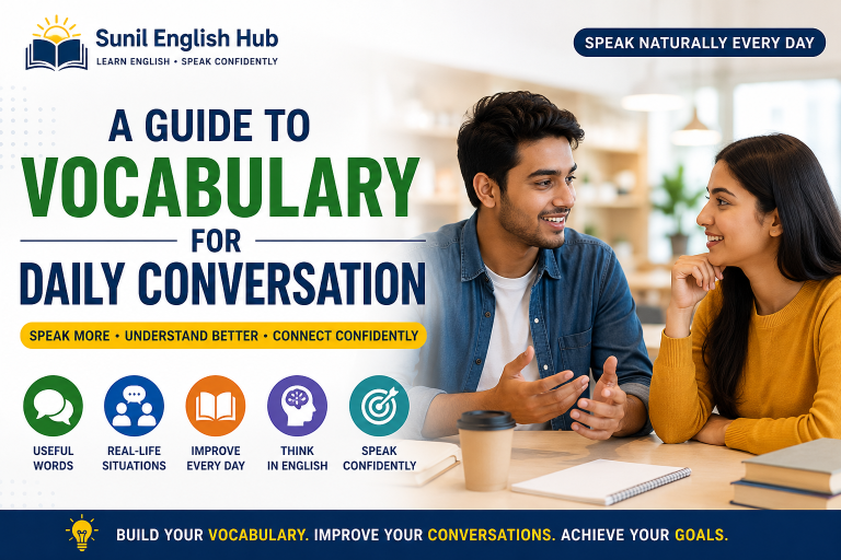 Educational infographic teaching vocabulary for daily conversation with practical words, speaking tips, and real-life communication examples