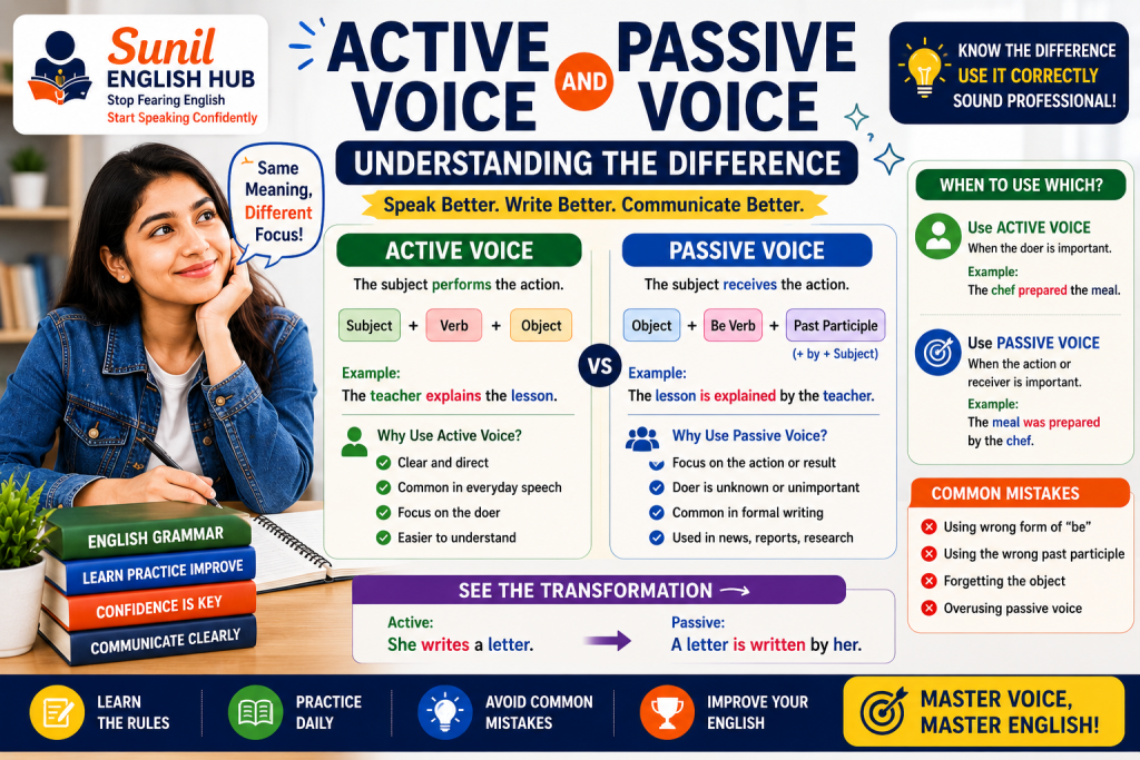 Active Voice and Passive Voice comparison chart showing grammar rules, sentence structures, examples, and a student learning English grammar confidently