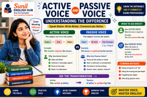 Active Voice and Passive Voice comparison chart showing grammar rules, sentence structures, examples, and a student learning English grammar confidently