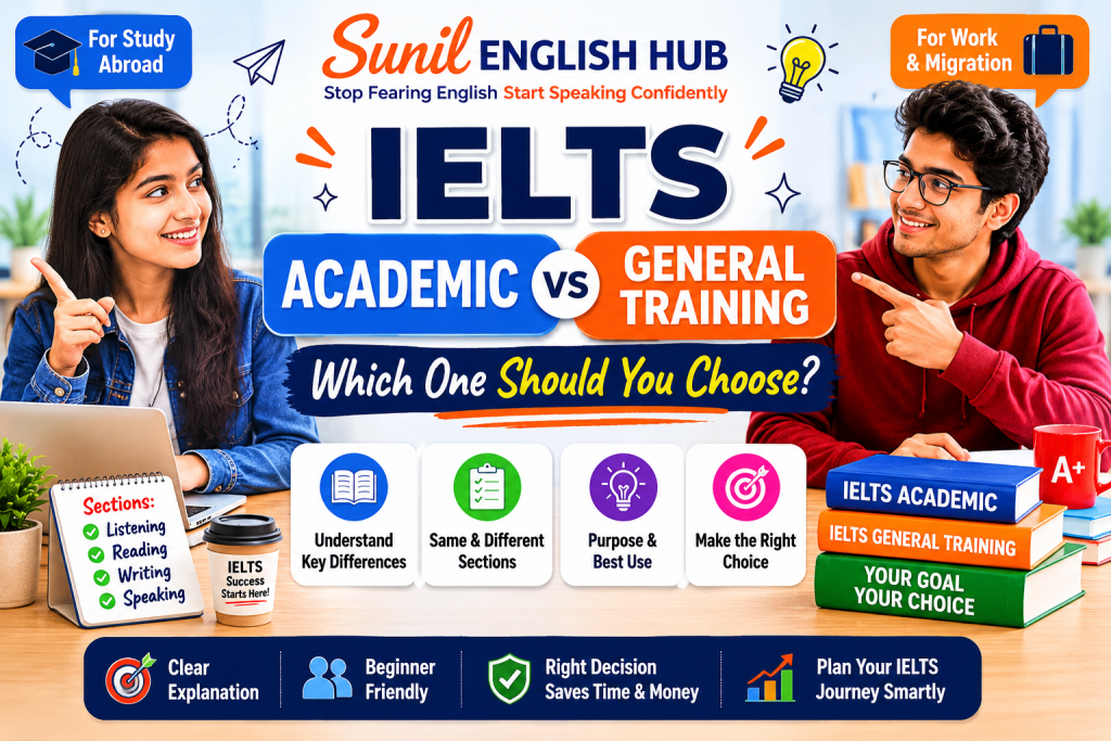 IELTS Academic vs IELTS General Training comparison infographic showing study abroad and migration pathways with male and female students preparing for IELTS