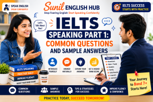 IELTS Speaking Part 1 preparation guide featuring a female candidate and examiner discussing common questions and sample answers for higher band scores