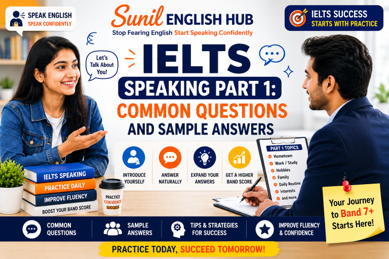 IELTS Speaking Part 1 preparation guide featuring a female candidate and examiner discussing common questions and sample answers for higher band scores