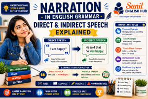 Narration in English Grammar featuring direct speech and indirect speech rules, examples, and a female student learning reported speech with confidence