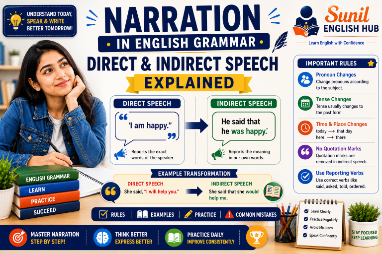 Narration in English Grammar featuring direct speech and indirect speech rules, examples, and a female student learning reported speech with confidence