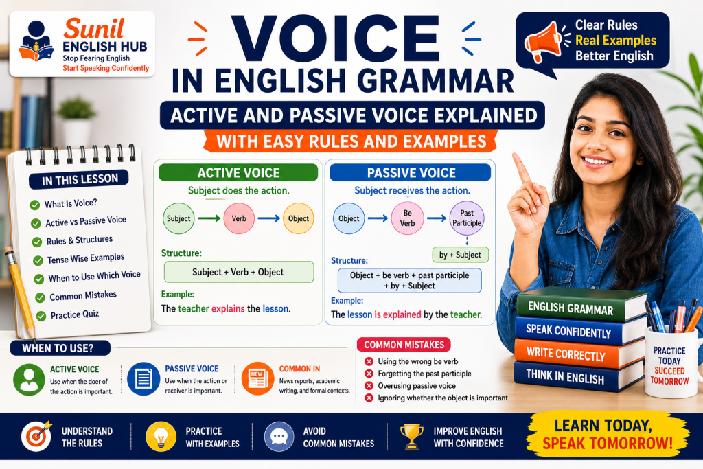 Voice in English grammar explained with active voice and passive voice rules, structures, examples, and a student learning English grammar confidently