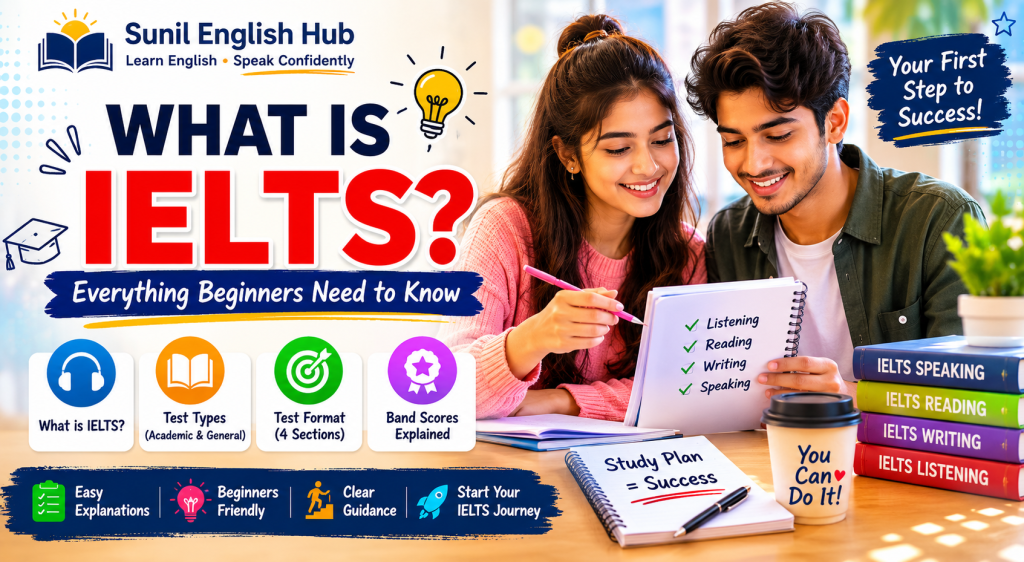 IELTS preparation guide featuring a female and male student studying together, explaining IELTS test format, band scores, and beginner preparation tips